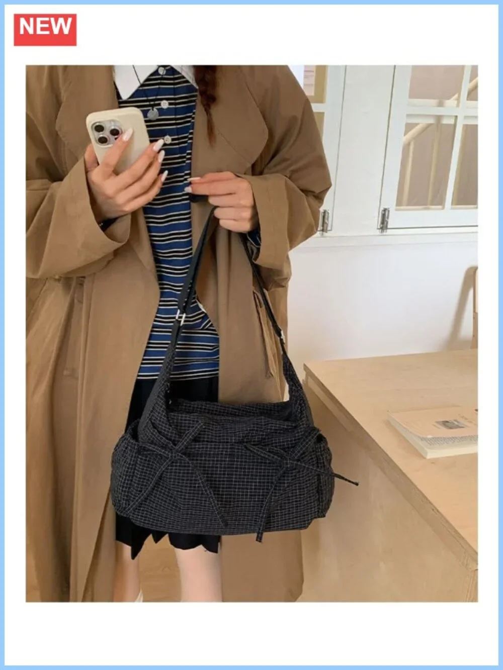 Plaid Nylon Crossbody Bag Bow Detail Small Shoulder Purse Zipper